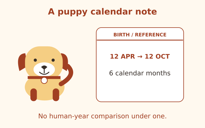 A puppy beside birthday and reference-date calendar cards